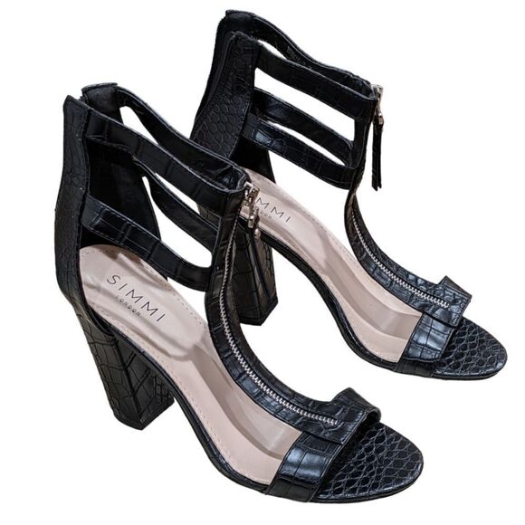 Simmi London Black Zip Up Detail Mock Croc Block Heel Sandals Size 7 - Picture 1 of 12